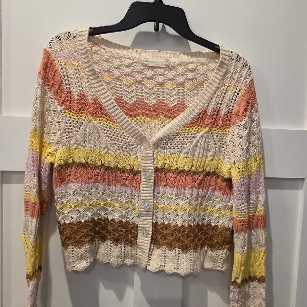 Altar'd State Women's Cardigan Pastel Crochet Open Stitch Cottagecore Grannycore